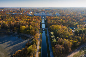 Peterhof in autumn. Nizhny Park, the Great Peterhof Palace and the Sea Canal. Aerial view.