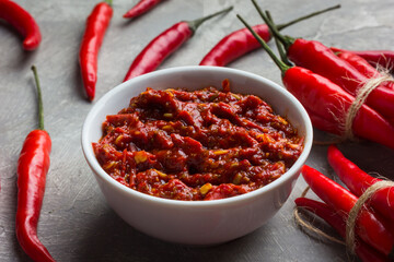 Hot sauce made of red chili peppers. Harissa sauce