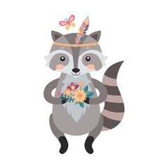 Cartoon boho sly raccoon. Wildlife forest characters, deer, fox, owl, raccoon, decorated with red Indians tribal accessories, feathers and plants