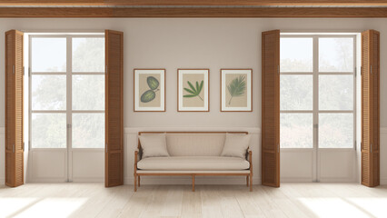 Living room background, sitting waiting room in white tones. Two panoramic windows with wooden shutters and beam ceiling, vintage sofa. Parquet, interior design