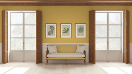 Fototapeta premium Living room background, sitting waiting room in white and yellow tones. Two panoramic windows with wooden shutters and beam ceiling, vintage sofa. Parquet, interior design