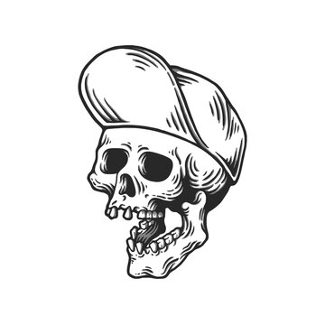 Skull Head in Baseball Cap Vector Illustration