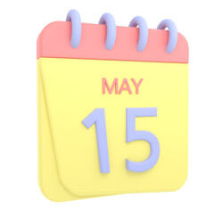 15th May 3D calendar icon. Web style. High resolution image. White background