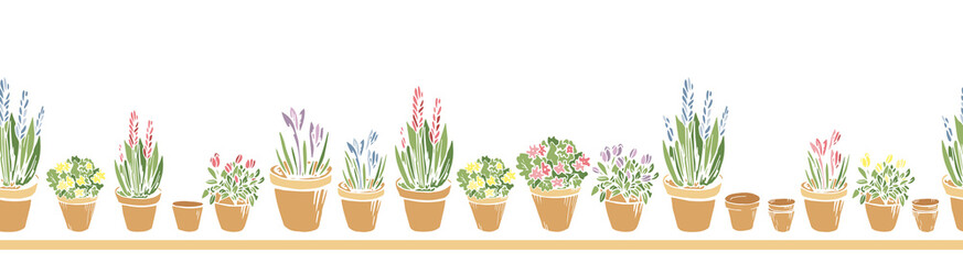 Colorful cute seamless horizontal border frame with pastel colored flowerpots, flowers, pots, potted plants. Endless pattern with hand drawn silhouette on white background. Vector illustration.
