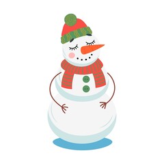 Happy comic snowmen in hats and scarves, gift box, New Year or Christmas decoration. Cute snowman cartoon character vector illustration
