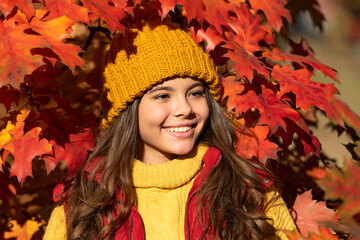 Autumn teen child girl portrait, fall leaves concept. glad child in hat standing at autumn leaves