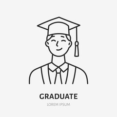 Graduate doodle line icon. Vector thin outline illustration of student in square academic cap. Black color linear sign for education