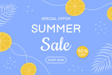 Summer sale banner template in blue colors with tropical leaves, lemon slices and discount text. Vector illustration
