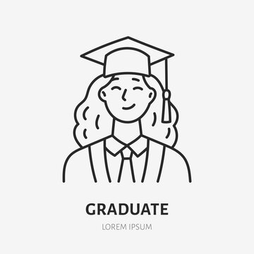 Graduate doodle line icon. Vector thin outline illustration of woman student in square academic cap. Black color linear sign for education