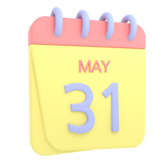 31st May 3D calendar icon. Web style. High resolution image. White background