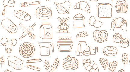 Bakery products doodle beige seamless pattern. Vector background included line icons as - pretzel, croissant, bagel, donut, challah, baguette, cinnamon roll. Wallpaper for bread and confectionery