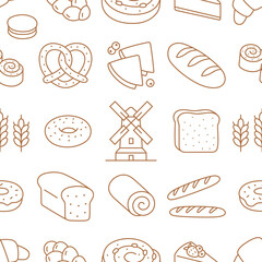 Bakery products doodle beige seamless pattern. Vector background included line icons as - wheat, croissant, bagel, donut, toast, baguette, mill, cinnamon roll. Wallpaper for bread and confectionery