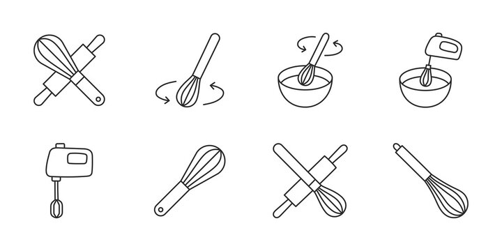 Whisk doodle illustration including icons - rolling pin, mixer, bowl. Thin line art about dough. Editable Stroke