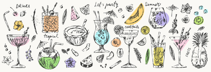 Alcoholic cocktails set with fruits, ice