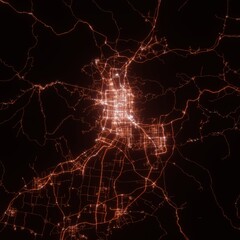 Taiyuan city lights map, top view from space. Aerial view on night street lights. Global networking, cyberspace
