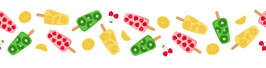 Ice cream seamless border. Fruit popsicle, lemon and cherry pattern. Vector illustration