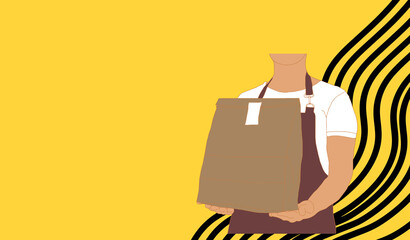 Delivery man in a medical mask and gloves holding a bag with food .Prevention of coronavirus.Concept of safe food delivery during the epidemic coronavirus.Vector illustration 