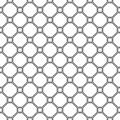 Repeated white figures on black background. Geometric wallpaper. Seamless surface pattern design with regular octagons and squares. Diamonds motif. Digital paper for textile print. Vector art