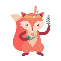 Cartoon boho red fox. Wildlife forest characters, deer, fox, owl, raccoon, decorated with red Indians tribal accessories, feathers and plants