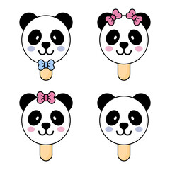 Cute ice cream panda. Set of cute panda ice cream on white background 