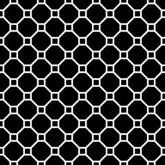Repeated black figures on white background. Geometric wallpaper. Seamless surface pattern design with regular octagons and squares. Diamonds motif. Digital paper for textile print. Vector art