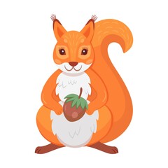 Cute red squirrel. Fluffy cartoon animal with furry tail holding nut, jumping, moving. Flat vector illustrations for wildlife, mammals, forest fauna
