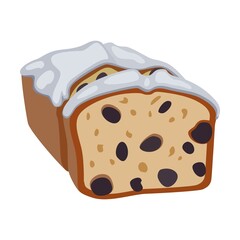 Glazed cupcake with chocolate chips. Bread assortment flat icon. Cartoon bun, pretzel, cakes, baguette, bagel, whole grain bread isolated vector illustration. Bakery concept