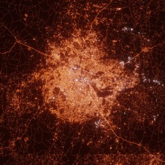 Bengaluru city lights map, top view from space. Aerial view on night street lights. Global networking, cyberspace