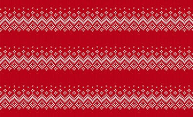 Knit red seamless pattern. Knitted sweater texture. Christmas borders. Xmas winter geometric background. Holiday fair isle traditional ornament. Festive crochet. Wool pullover. Vector illustration.