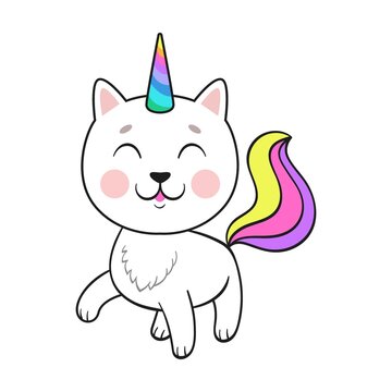 Cartoon kitty eating ice cream, strawberry, cupcake, playing with magic stick or sleeping. Flat vector illustration. Funny rainbow unicorn cat