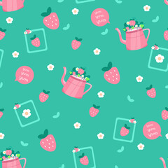Seamless pattern with strawberries and watering can in bright colors. Cartoon style for fabric, background.