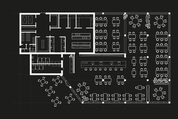 Linear technical sketch restaurant with bar and kitchen zone plan on black background