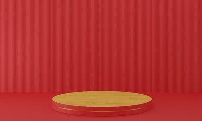 wood podium in the red room.3d rendering.
