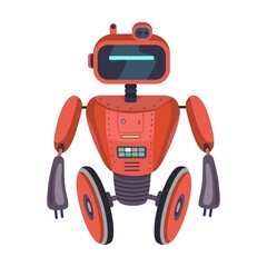 Humanoid red robotic machine. Colorful robot characters, cyborg, electronic toy. Vector illustration for futuristic art, robotics, engineering