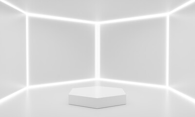 Fototapeta premium white stand and neon light in the white room.3d rendering. 