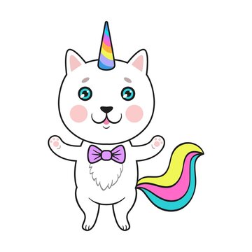 Rainbow unicorn cat. Cute cartoon kitty eating ice cream, strawberry, cupcake, playing with magic stick or sleeping. Flat vector illustration