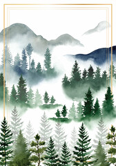 Watercolor coniferous forest landscape in foggy mountains poster template with golden frame