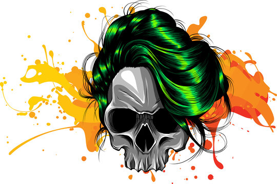 vector illustration of woman skull with green hair