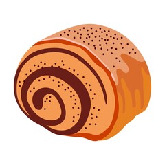 Twisted bun with poppy seeds. Bread assortment flat icon. Cartoon bun, pretzel, cakes, baguette, bagel, whole grain bread isolated vector illustration. Bakery concept