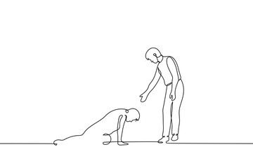 man helps a lying person - one line drawing vector. concept of helping those in need, empathy from a stranger - obrazy, fototapety, plakaty