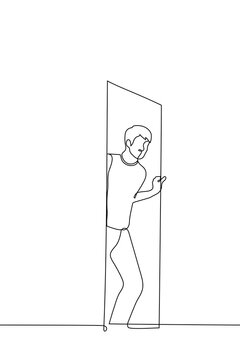 Man Coming Out Of The Door - One Line Drawing Vector. Concept Guest Arrives, Courier Delivers Order, Host Leaves His House