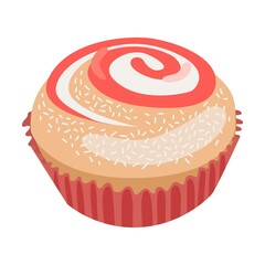 Glazed cupcake dessert. Bread assortment flat icon. Cartoon bun, pretzel, cakes, baguette, bagel, whole grain bread isolated vector illustration. Bakery concept