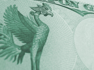 Fragment of 10,000 yen Japanese bill. Background with Phoenix bird and copy-space to its right....