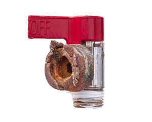 Rusted hot water valve isolated on white