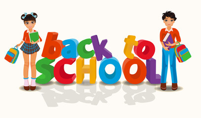 Back to school bacjground, asian boy and girl. vector illustration