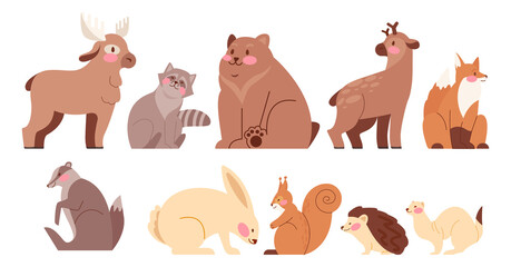 Cute forest animals set. Deer and elk, grizzly bear, fox, rabbit, © inspiring.team