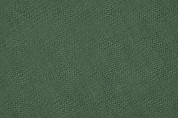 Fototapeta na wymiar Dark green woven surface close-up. Linen textile texture. Glamorous color fabric background. Textured braided gray-green backdrop or wallpaper. Macro