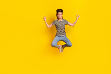 Full length size photo of jumping high female student practice balance meditation isolated on bright background