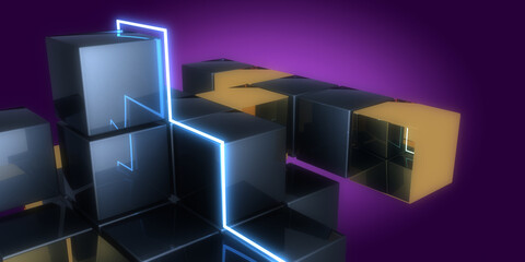 3D abstract background with neon lights. neon tunnel  .space CUBES construction . .3d illustration