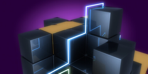 3D abstract background with neon lights. neon tunnel  .space CUBES construction . .3d illustration